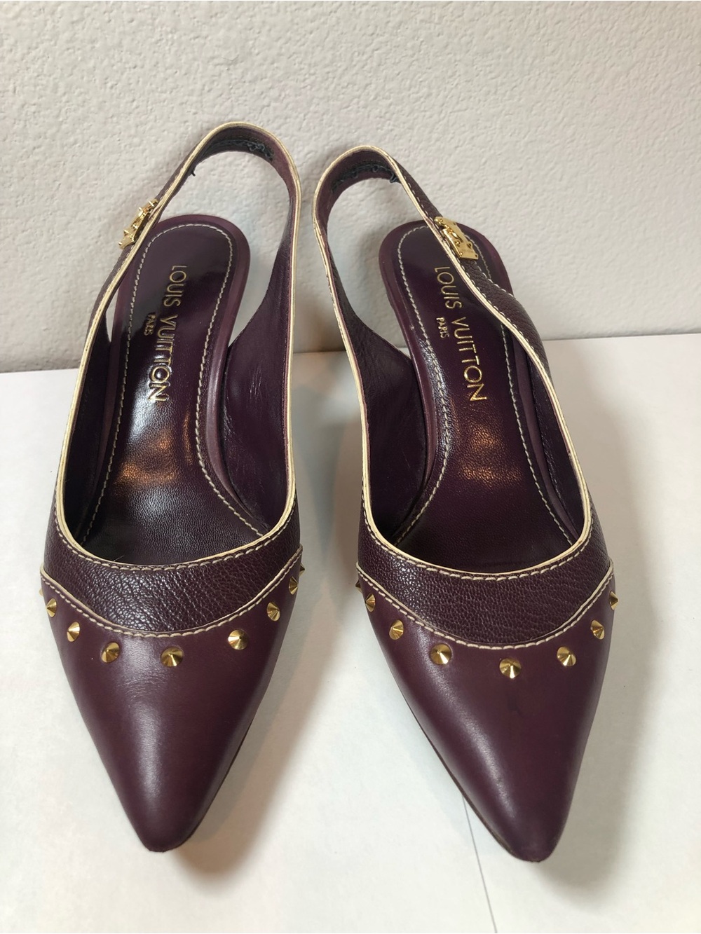 Vintage Louis Vuitton Burgundy Pointed Slingback Pumps with Gold Stud Accents
